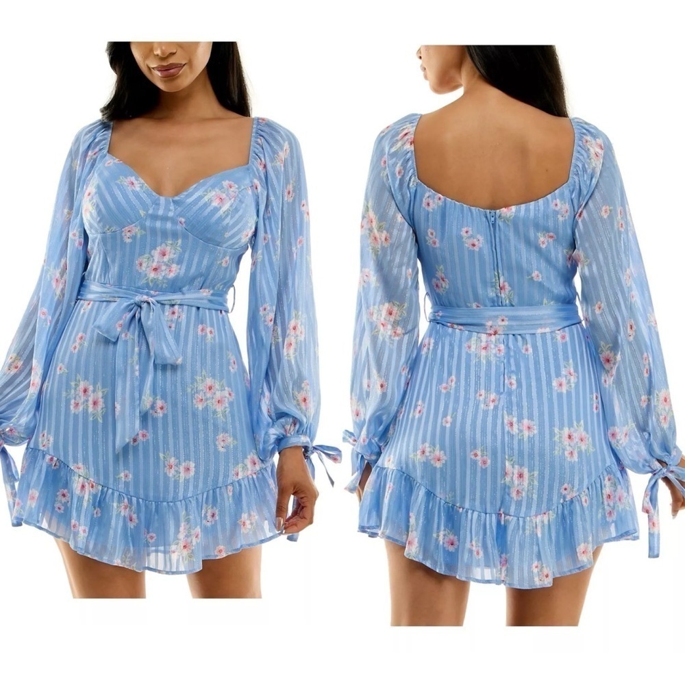 B DARLIN Womens Blue Lined Belted Padded Long Sleeve Short Dress 3/4 NWT